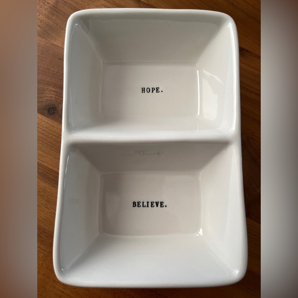 RAE DUNN Artisan Collection Hope Believe Divided Dish Ceramic Trinket Holder